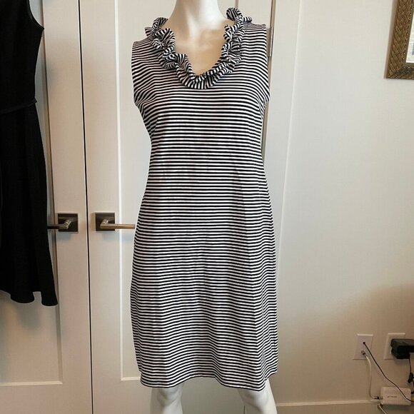 Talbots Slvless Scoop Ruffle Neck Cotton Blend Striped Midi ress Blk & Wht Sz S - Picture 1 of 11